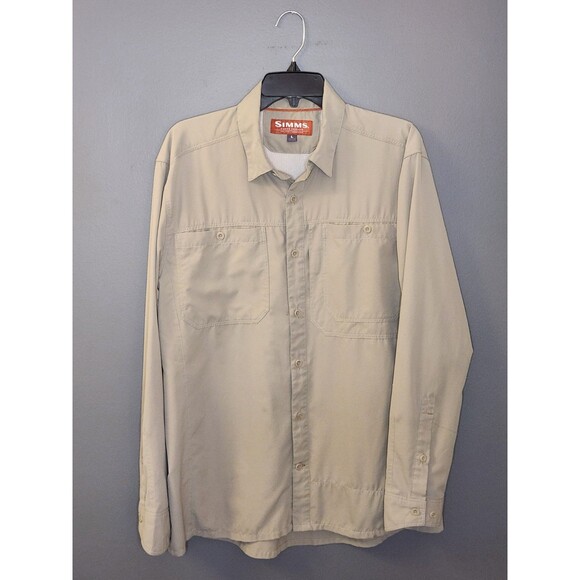 Simms Fishing Shirt Men's L Beige Long Sleeve Button Down Vented Pockets - Picture 2 of 9